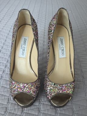 Jimmy Choo Multicolor Glitter Peep Toe Platform Heels Size 5